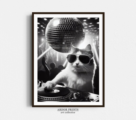 Cat DJ Spinning Records Under Disco Ball Black and White Poster