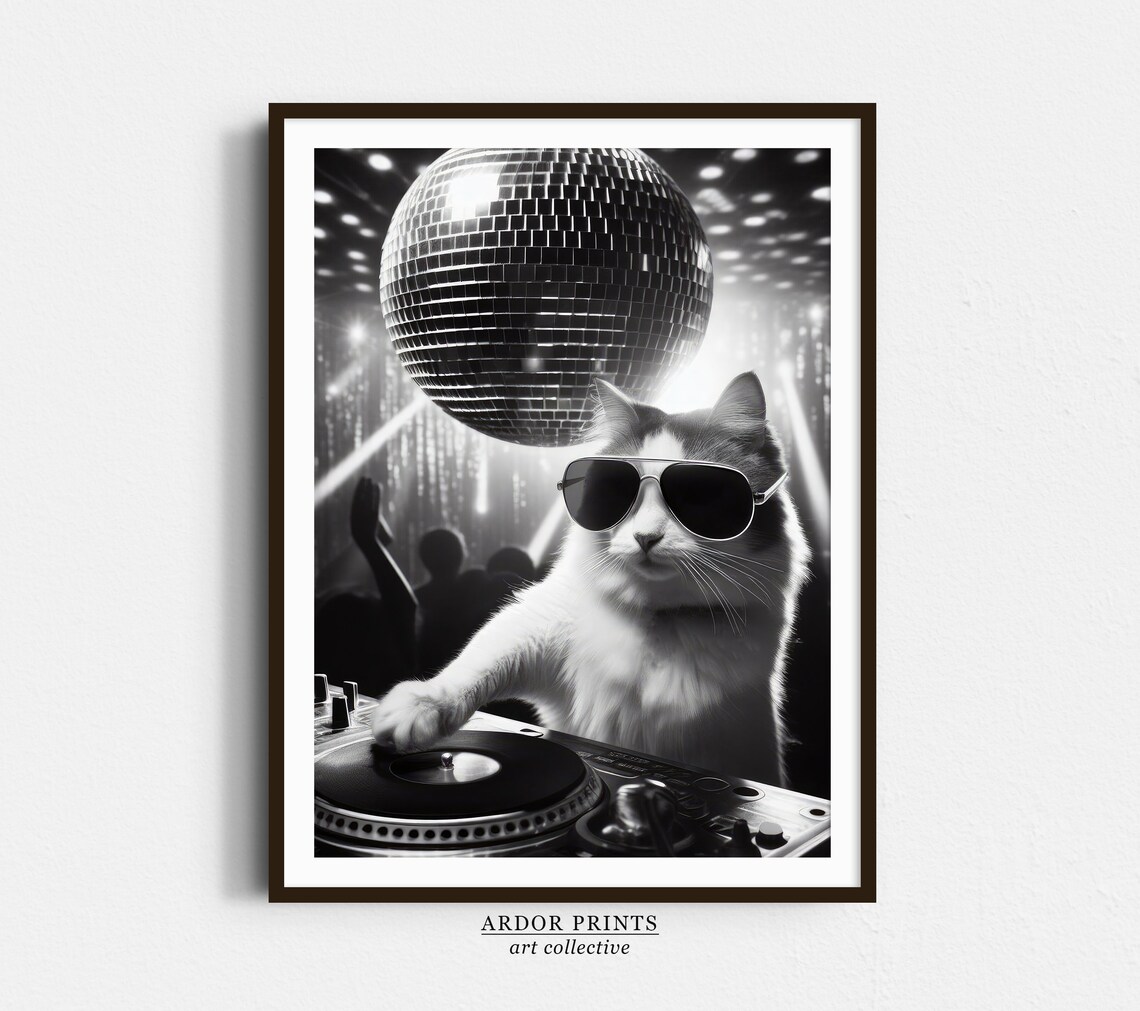 Cat DJ Spinning Records Under Disco Ball Black and White Poster