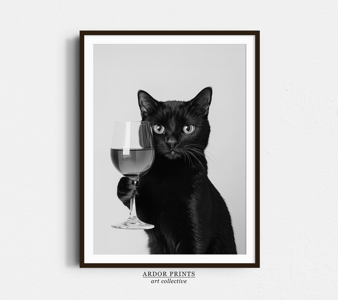 Black Cat Drinking Wine Poster, Bar Cart Decor