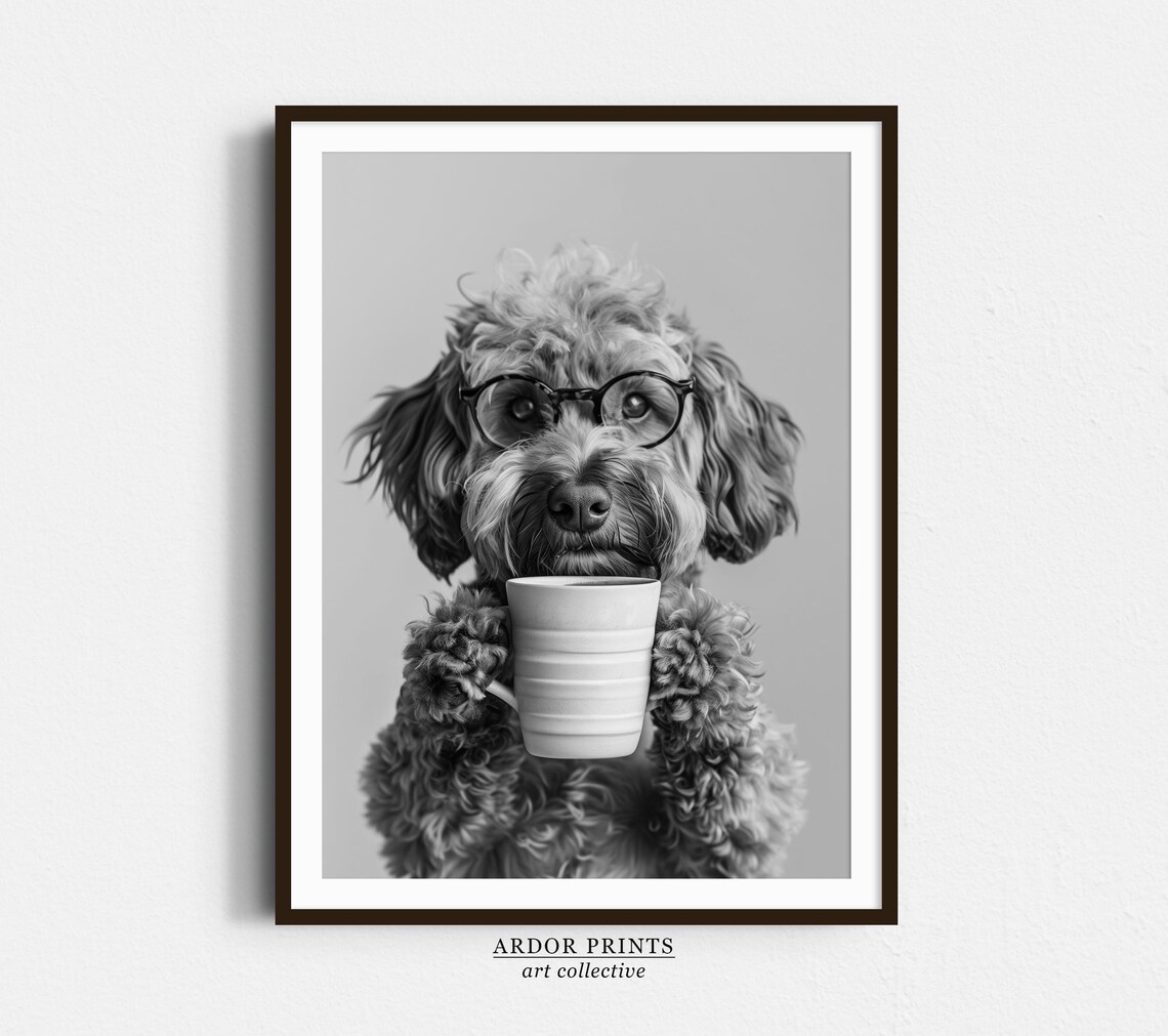 Cockapoo Holding Coffee Black And White Art Print