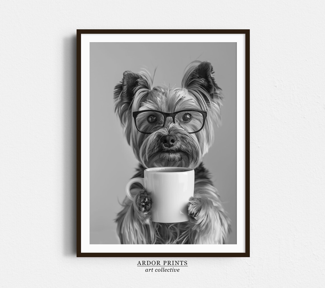 Yorkie and Coffee Black and White Art Print