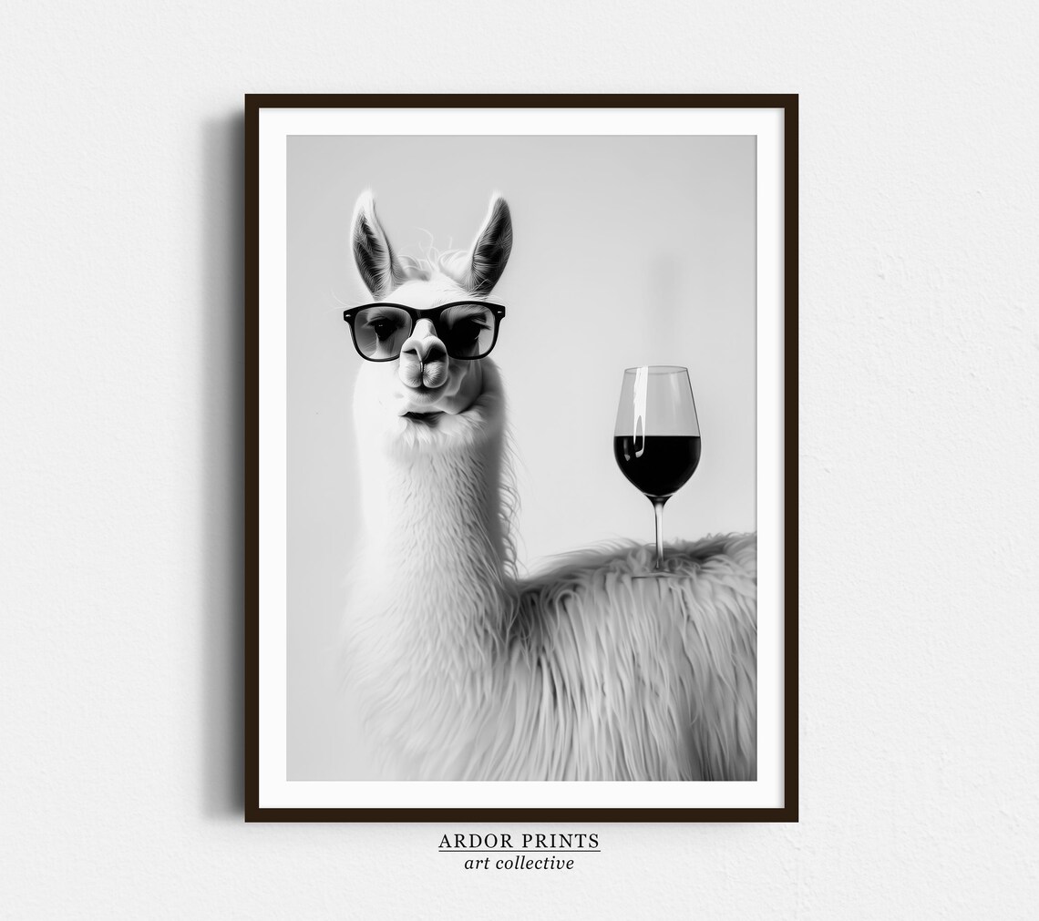 Llama With Red Wine Glass Sunglasses Funny Animal Portrait Print