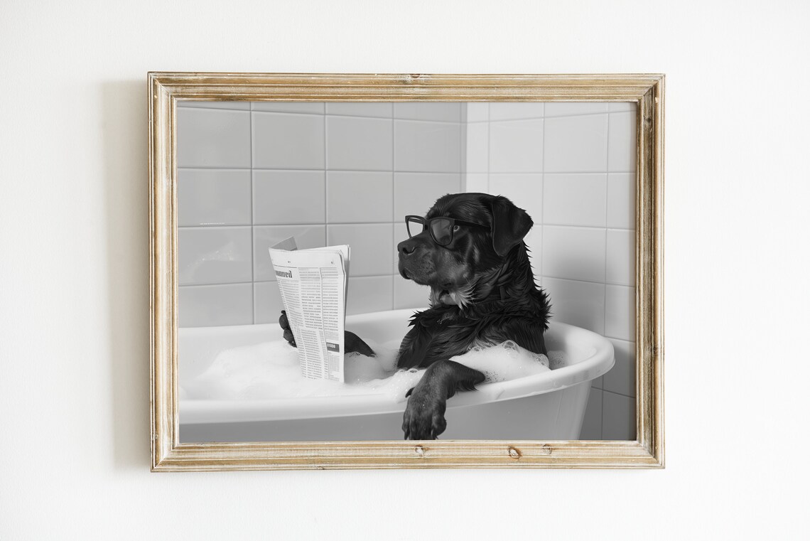 Rottweiler In Bathtub Funny Bathroom Dog Art Print - Image 3