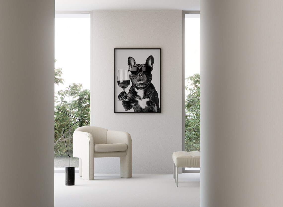 French Bulldog With Sunglasses Holding Wine Glass Funny Poster - Image 3