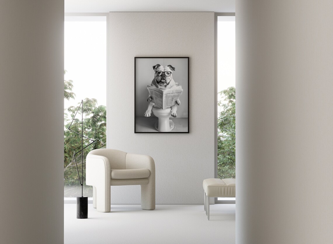 Bulldog Sitting On Toilet, Funny Dog Bathroom Art Print - Image 3