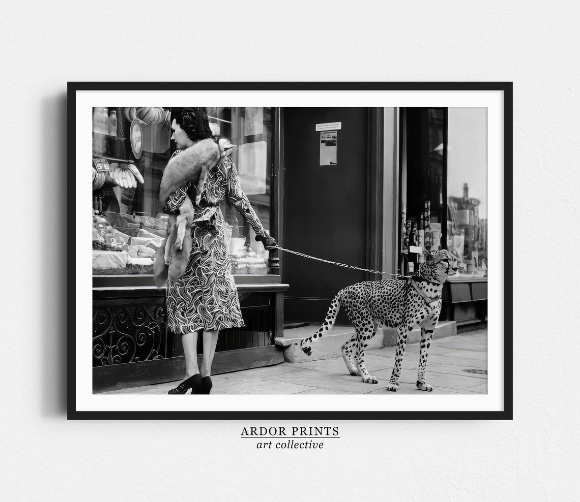 Woman With Cheetah On Leash, Vintage London Art Print