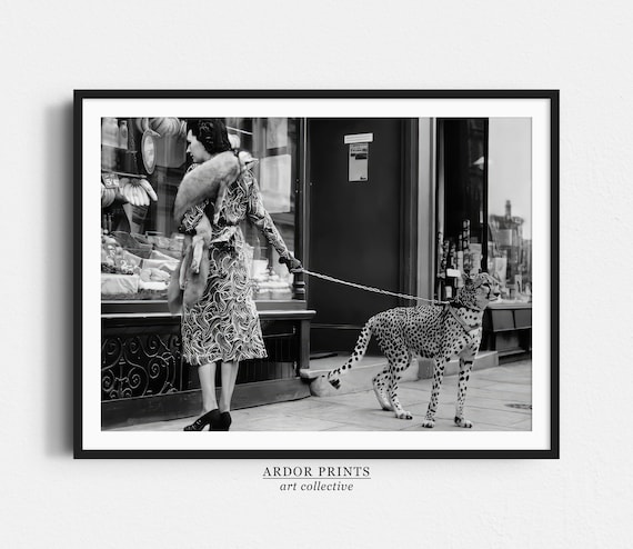 Woman With Cheetah On Leash, Vintage London Art Print