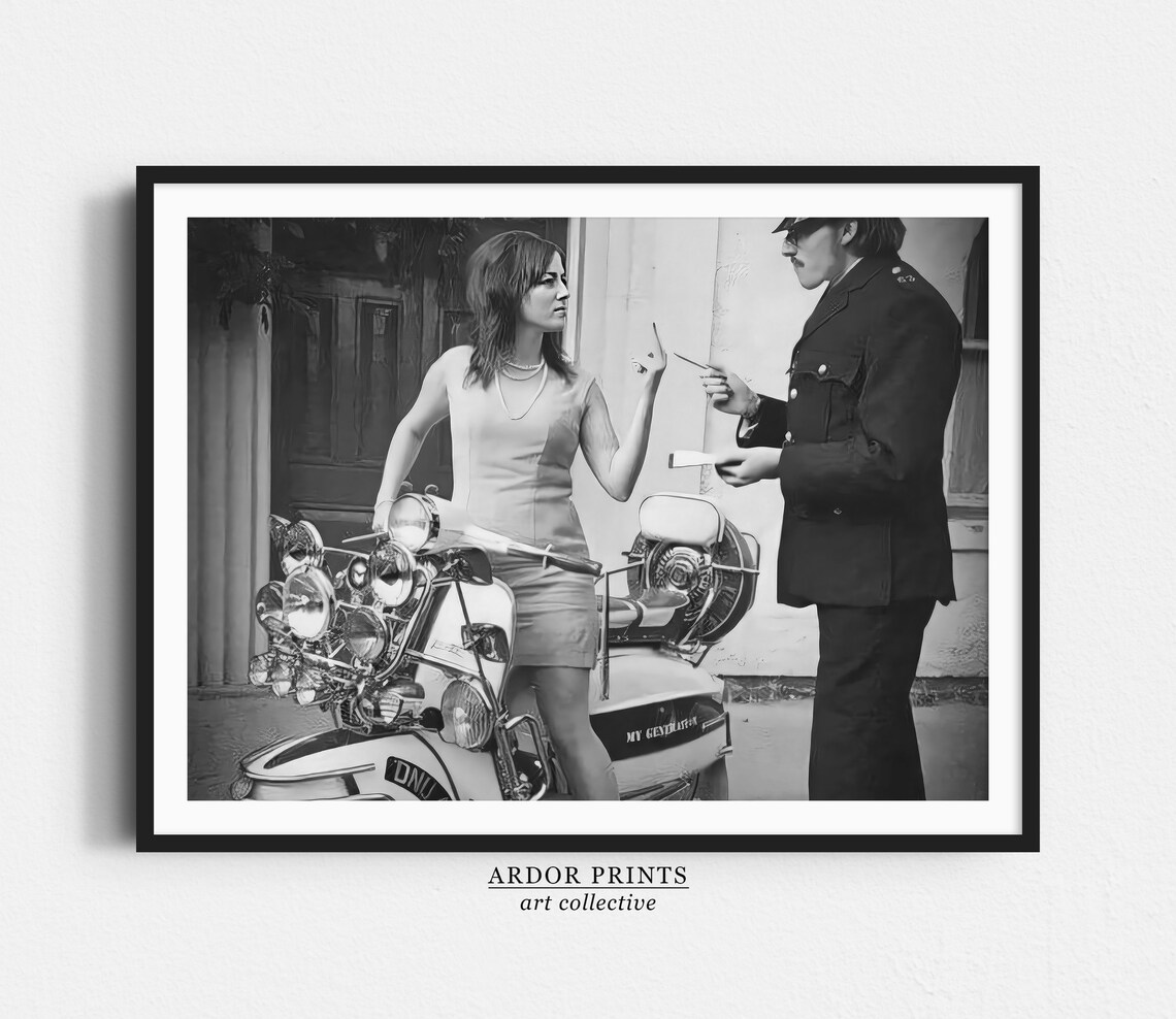 Scooter Girl Giving Cop The Middle Finger, Vintage Art Print