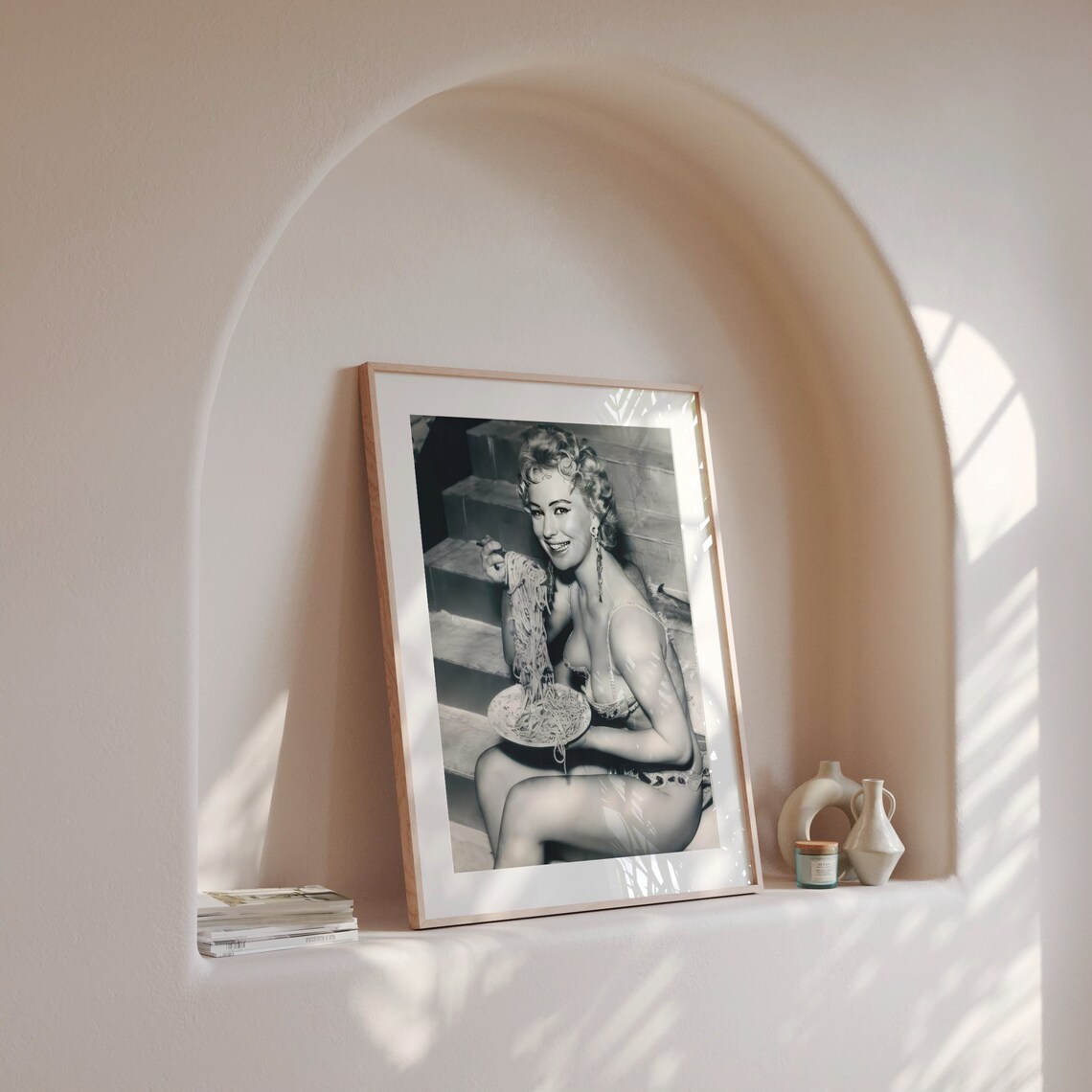 Woman in Bikini Eating Spaghetti With Chopsticks Vintage Photo Poster - Image 4