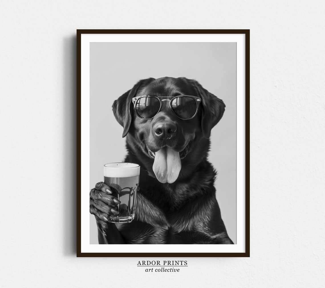 Labrador Holding Beer Funny Dog Print, Bar Cart Decor