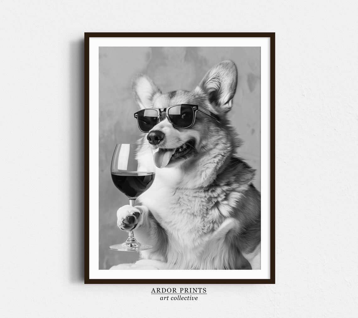 Corgi Drinking Wine Black and White Poster Print