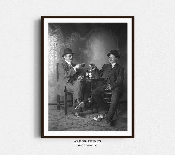 Two Men Drinking Beer Wall Art Vintage Black And White Print Alcohol Prohibition Poster Man Cave Brewery Decor Retro Wall Decor