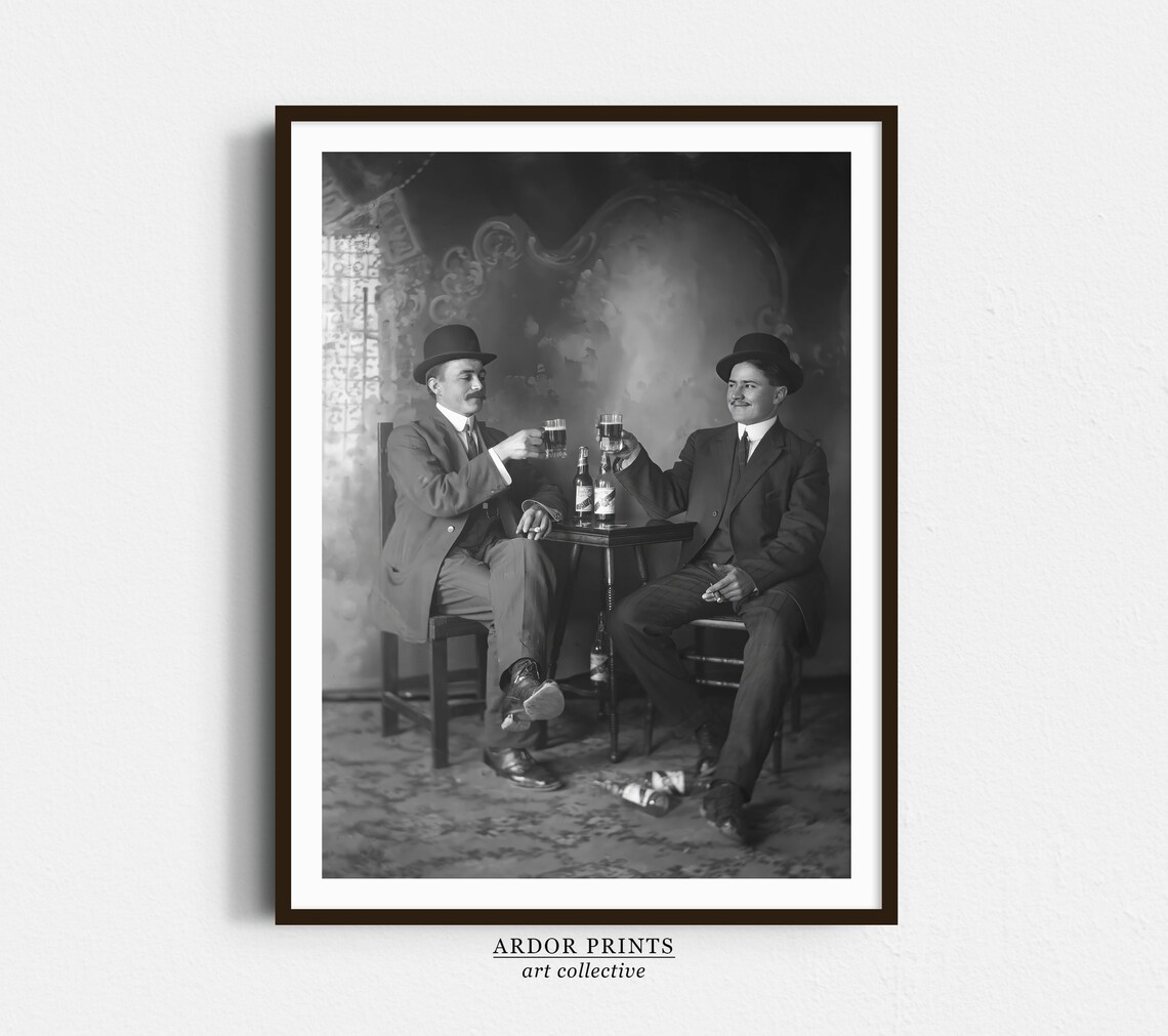 Two Gentlemen Toasting Beer Vintage Black And White Man Cave Poster