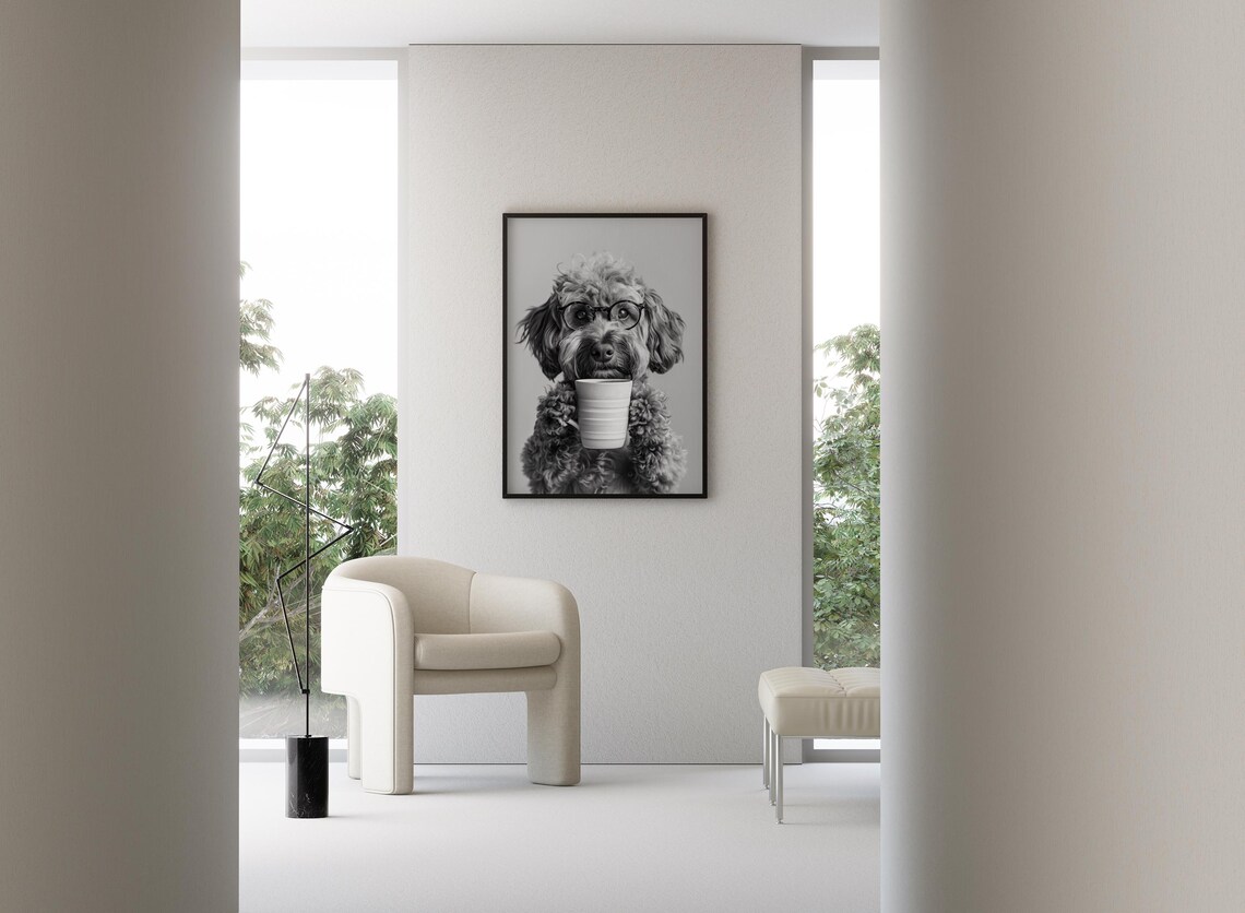Cockapoo Holding Coffee Black And White Art Print - Image 3