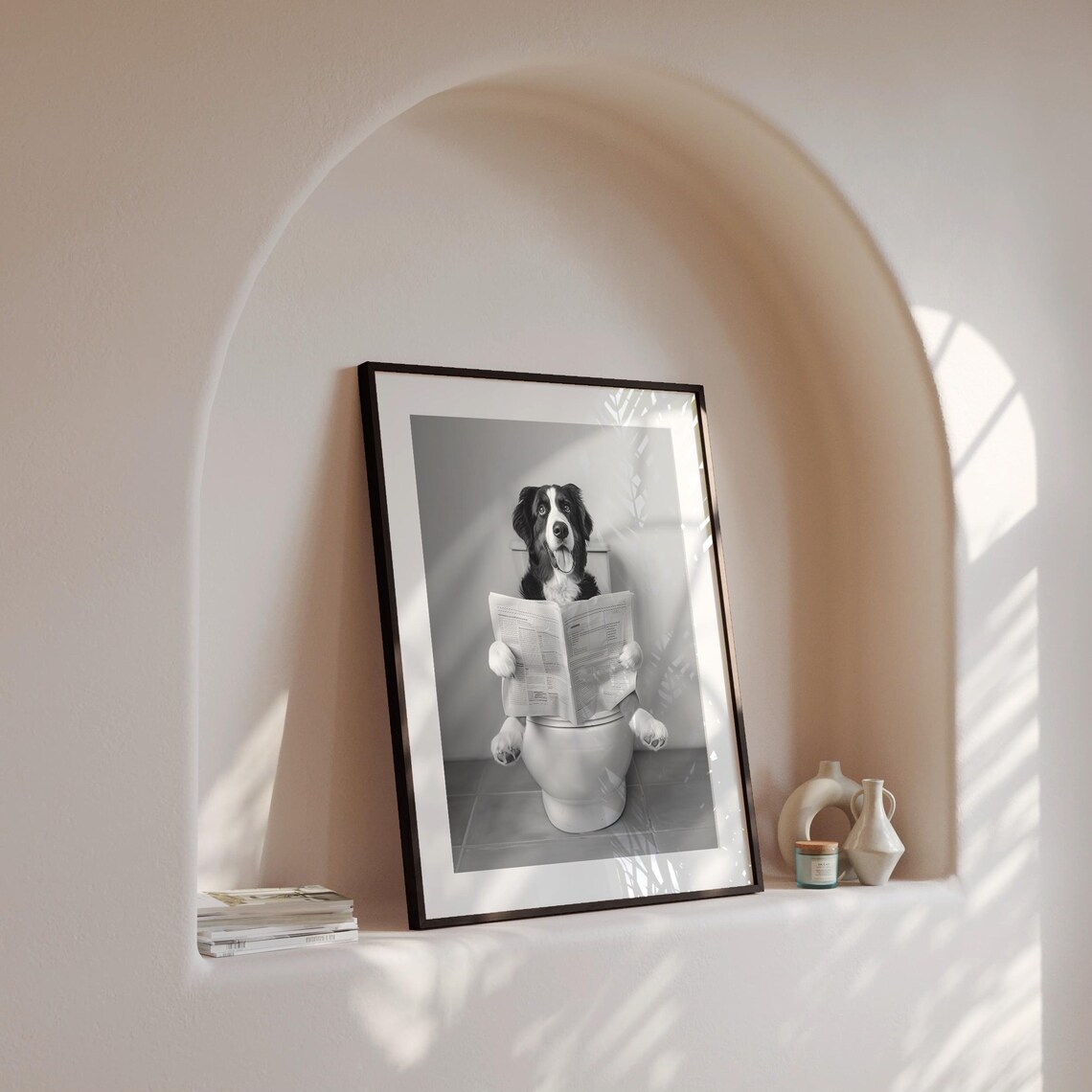 Bernese Mountain Dog Sitting on Toilet Reading Newspaper Dog Poster - Image 4