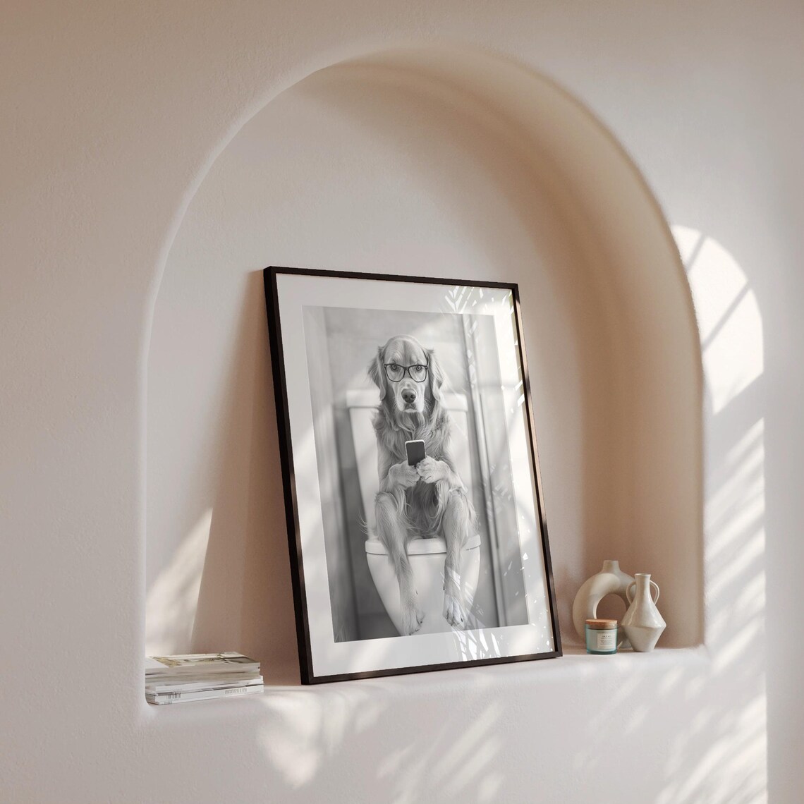 Golden Retriever Sitting On Toilet Dog Art Print - Image 4