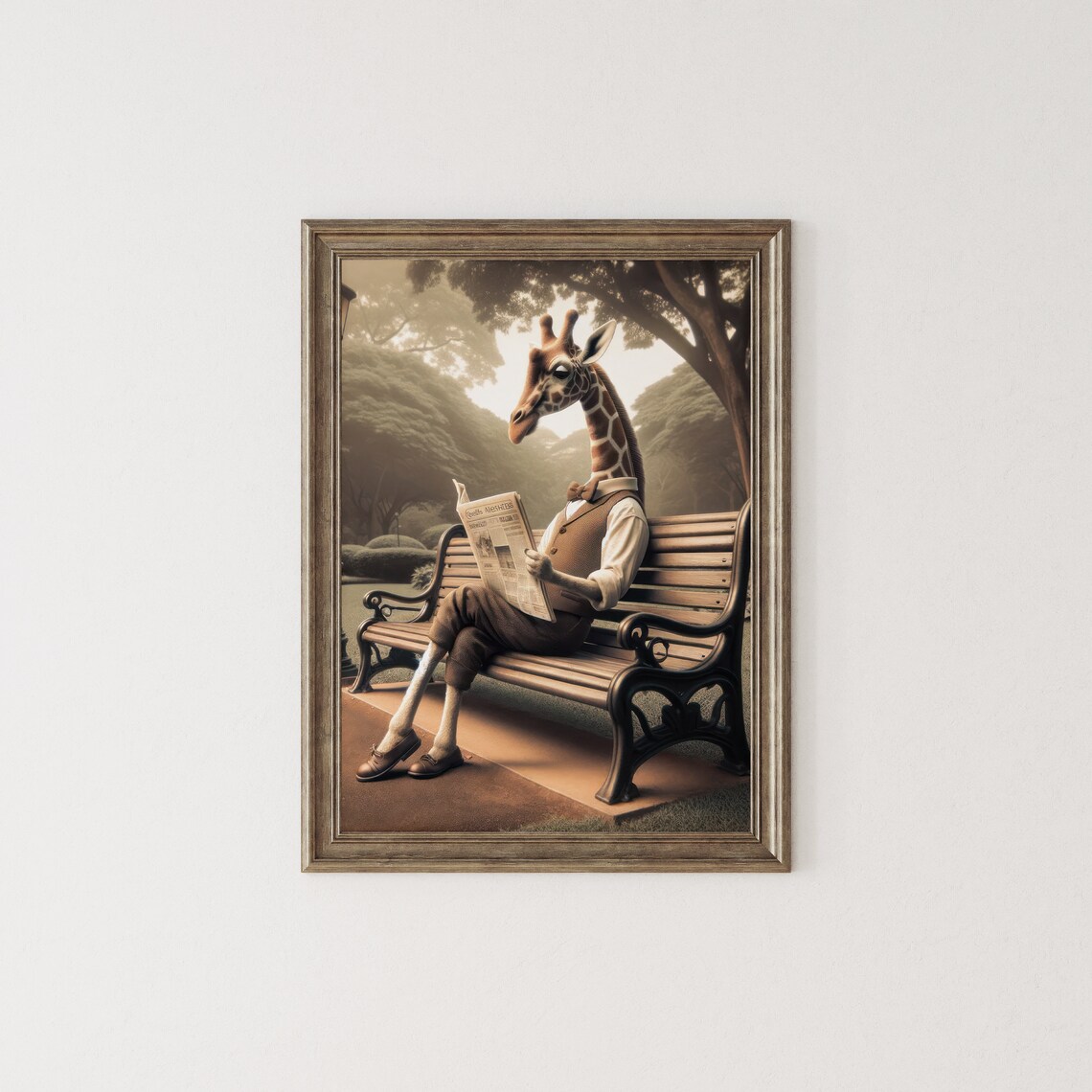 Giraffe in Bow Tie Reading Newspaper on Park Bench Sepia Funny Poster - Image 3