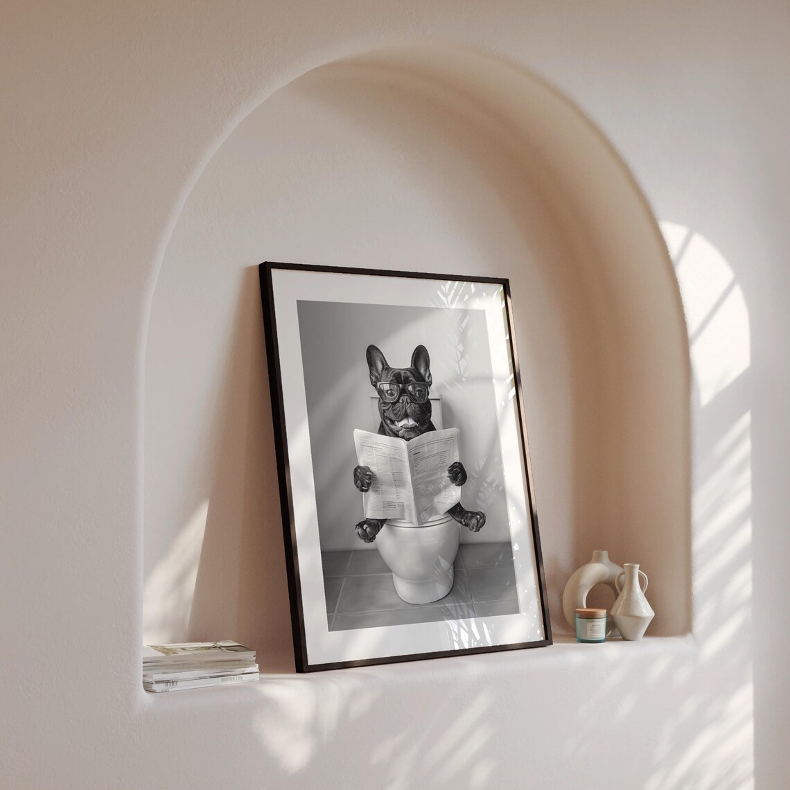 Black French Bulldog Reading Newspaper In Toilet Poster - Image 4