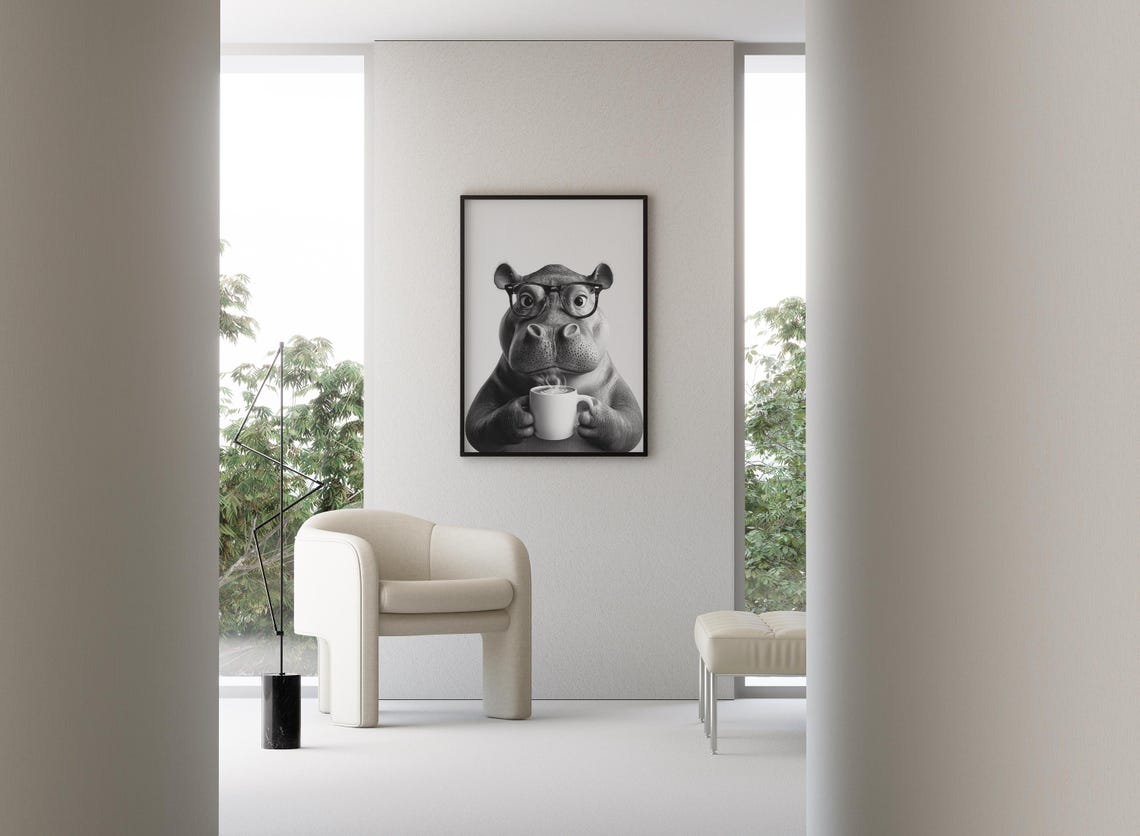 Hippo Wearing Glasses Drinking Coffee Black And White Funny Poster - Image 3