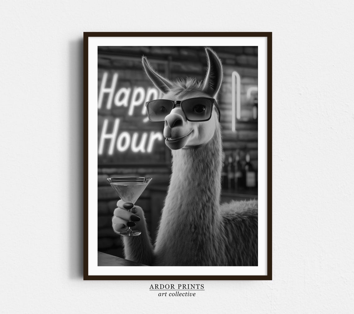 Llama Happy Hour Cocktail With Sunglasses Funny Bar Wall Art