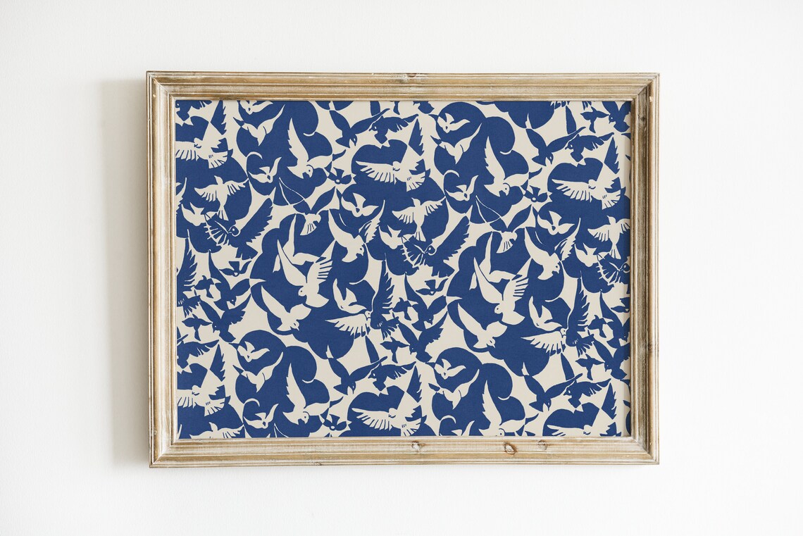 Vintage Abstract Bird Pattern, Blue And White Pigeons - Image 2