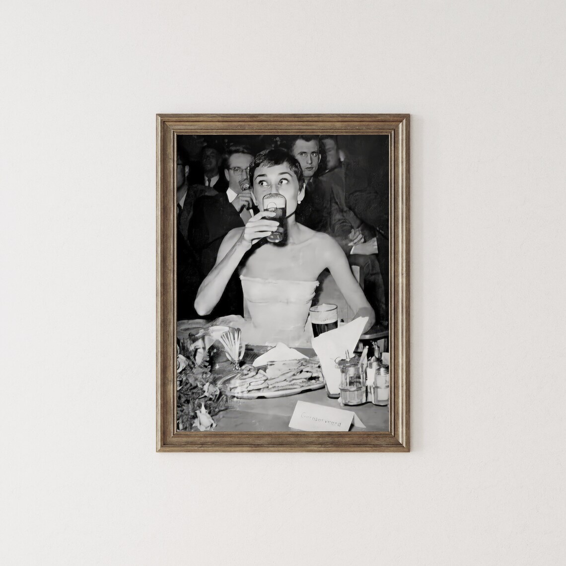 Audrey Hepburn Sipping Beer at Party Black and White Photo Poster - Image 2