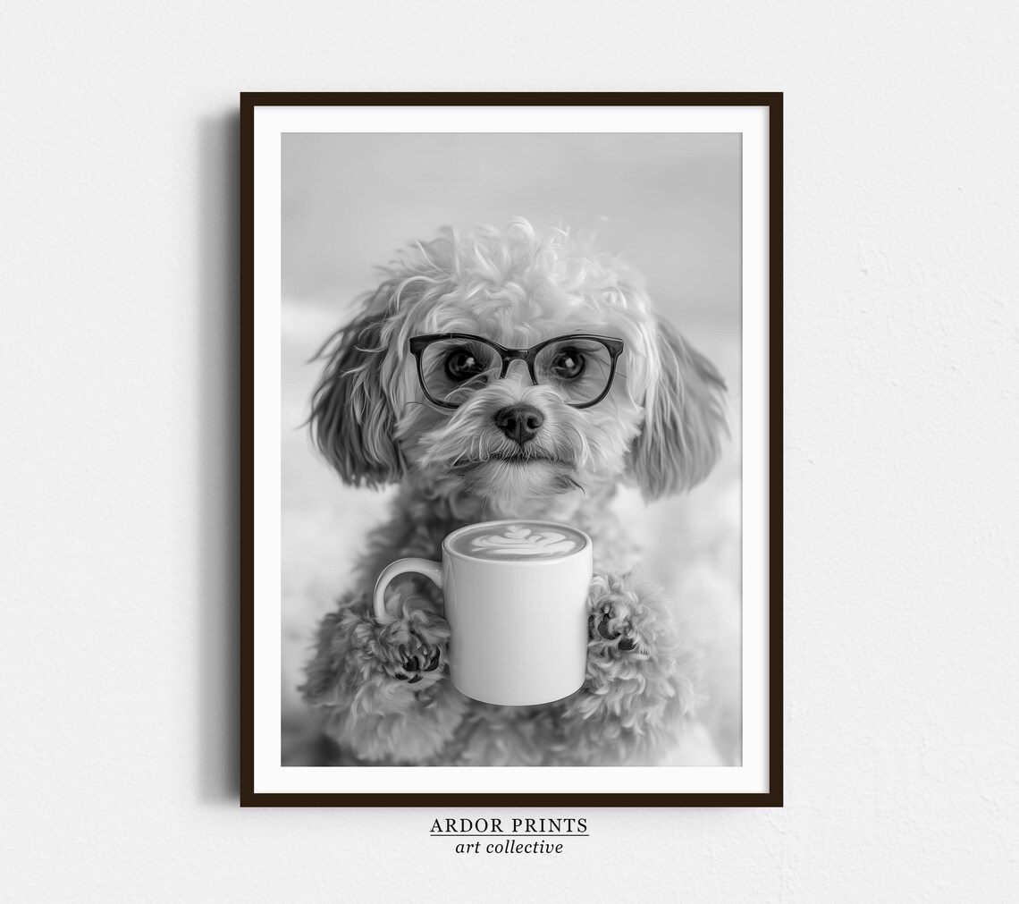 Maltipoo Drinking Coffee Black And White Art Print