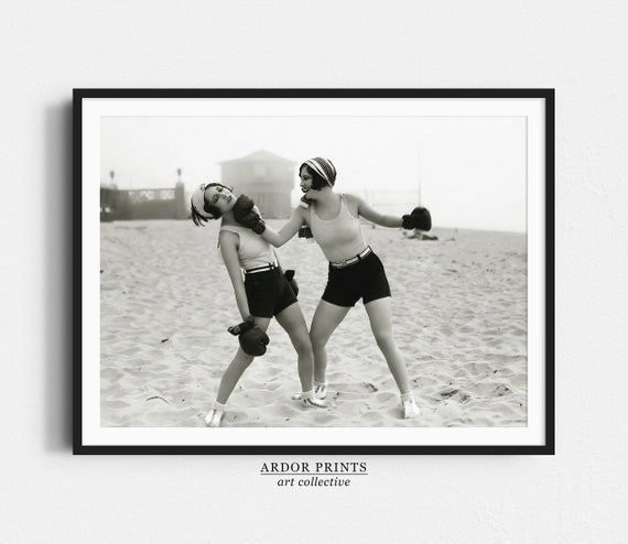 Women Boxing At Beach Vintage Photography Art Print