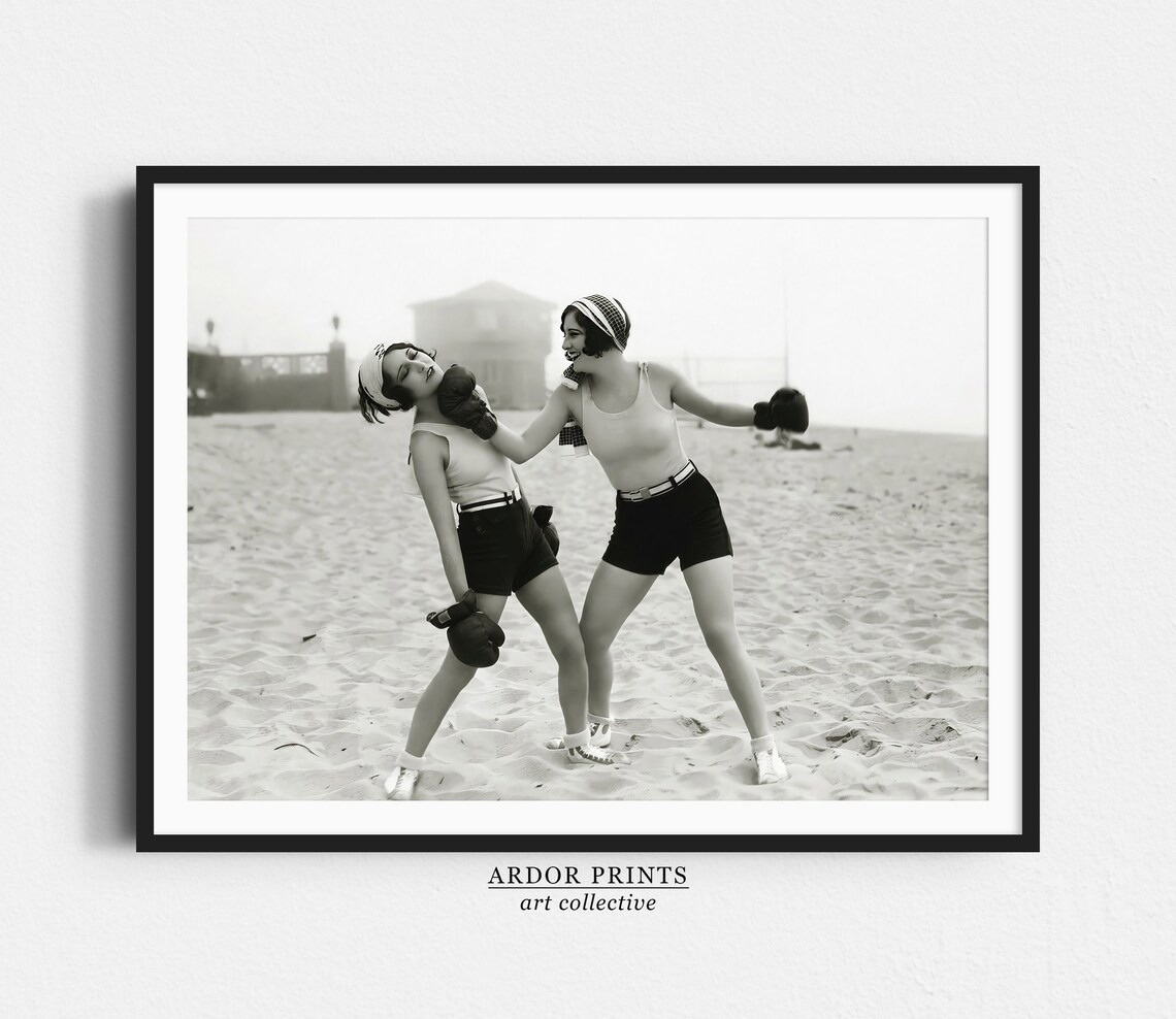 Women Boxing At Beach Vintage Photography Art Print