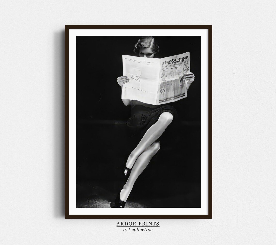 Vintage Woman Reading Newspaper 1930s Fashion Elegant Black And White Print