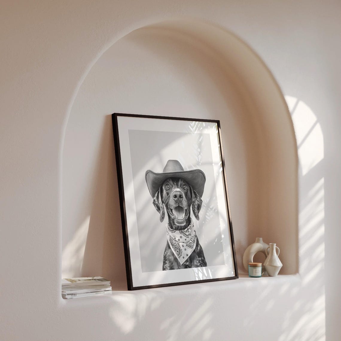 German Shorthaired Pointer Wearing a Cowboy Hat Black and White Poster - Image 4