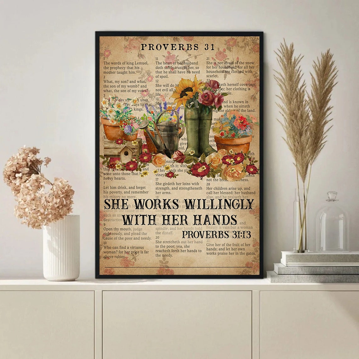 Proverbs 31 She Works Willingly With Her Hands Floral Bible Poster - Image 3