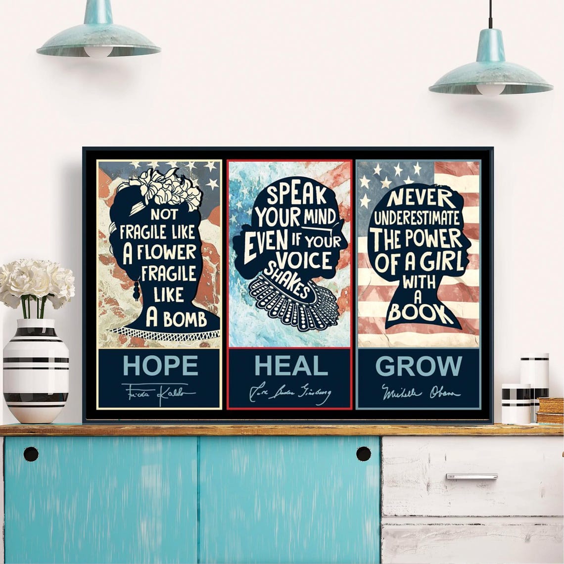 Hope Heal Grow Three Panel Frida Kahlo RBG Michelle Obama Poster - Image 4