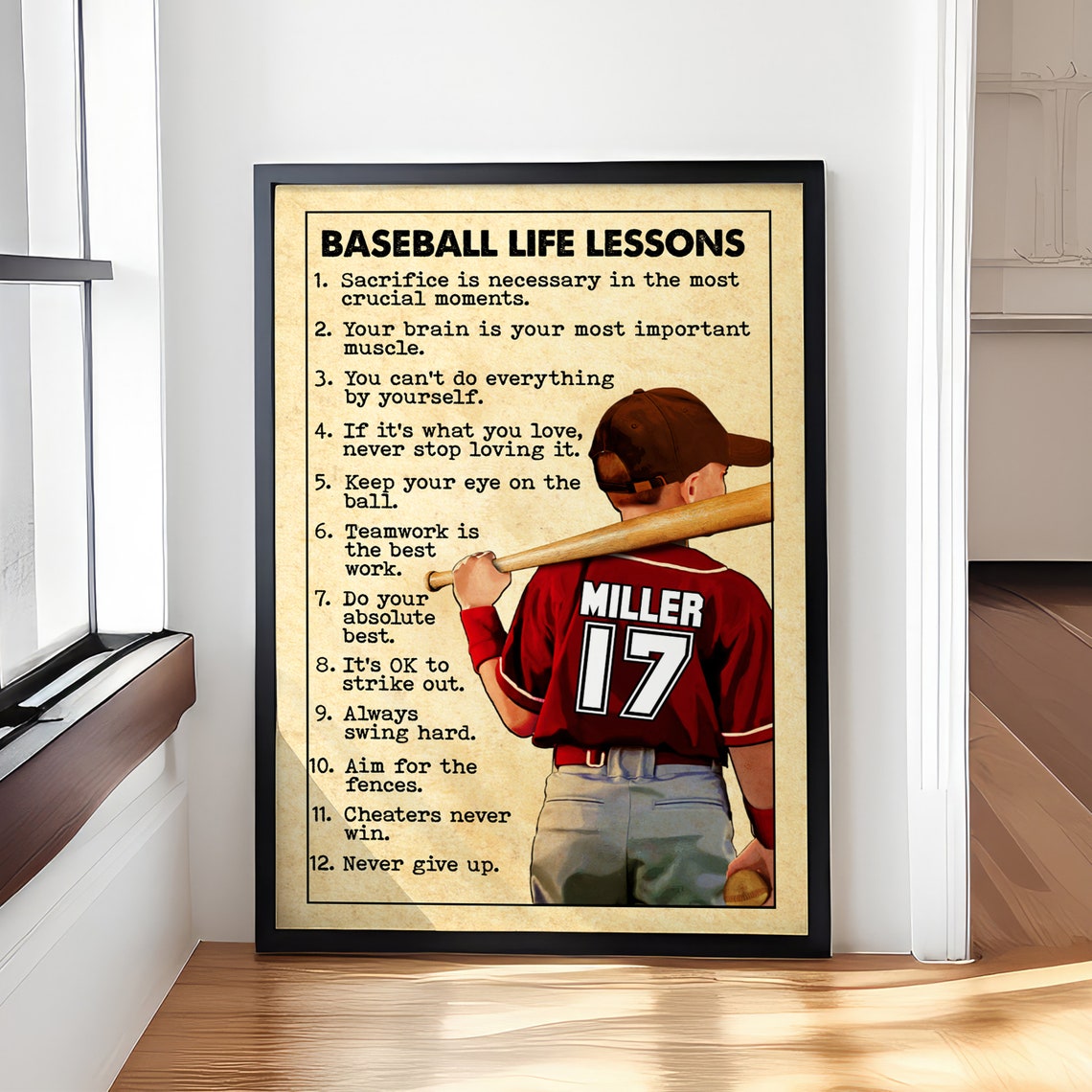 Baseball Life Lessons Personalized Player Number Gift Poster
