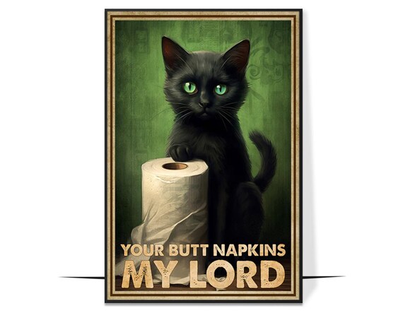 Funny Black Cat Presenting Toilet Paper Roll Bathroom Wall Poster