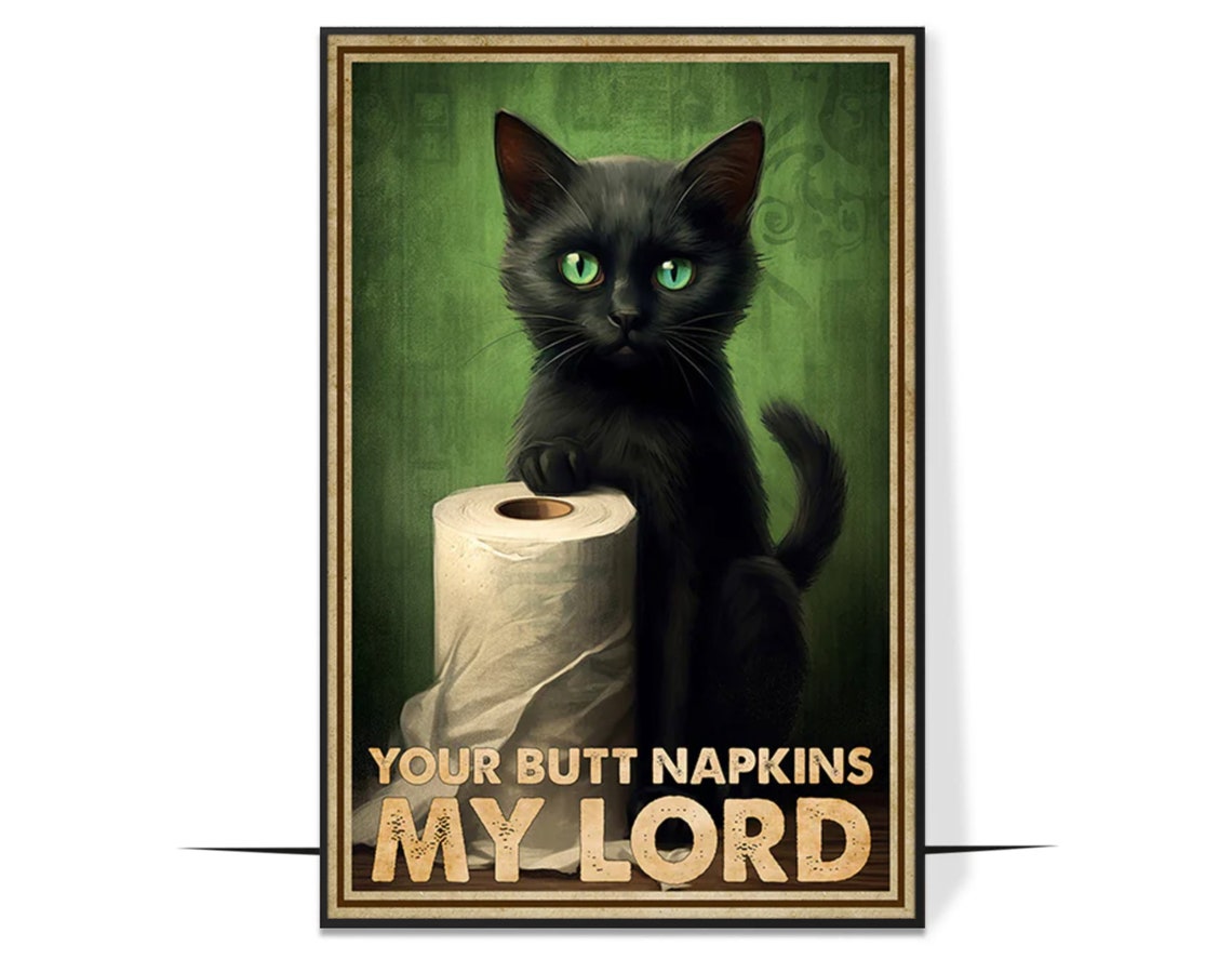 Funny Black Cat Presenting Toilet Paper Roll Bathroom Wall Poster