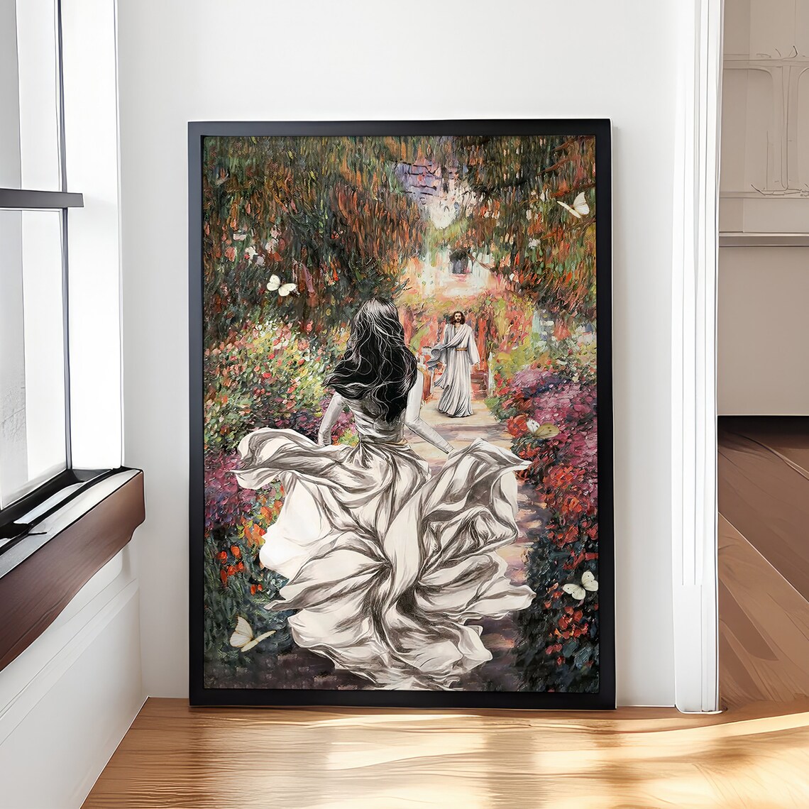 Girl Running With Jesus Colorful Flower Garden Christian Art Poster