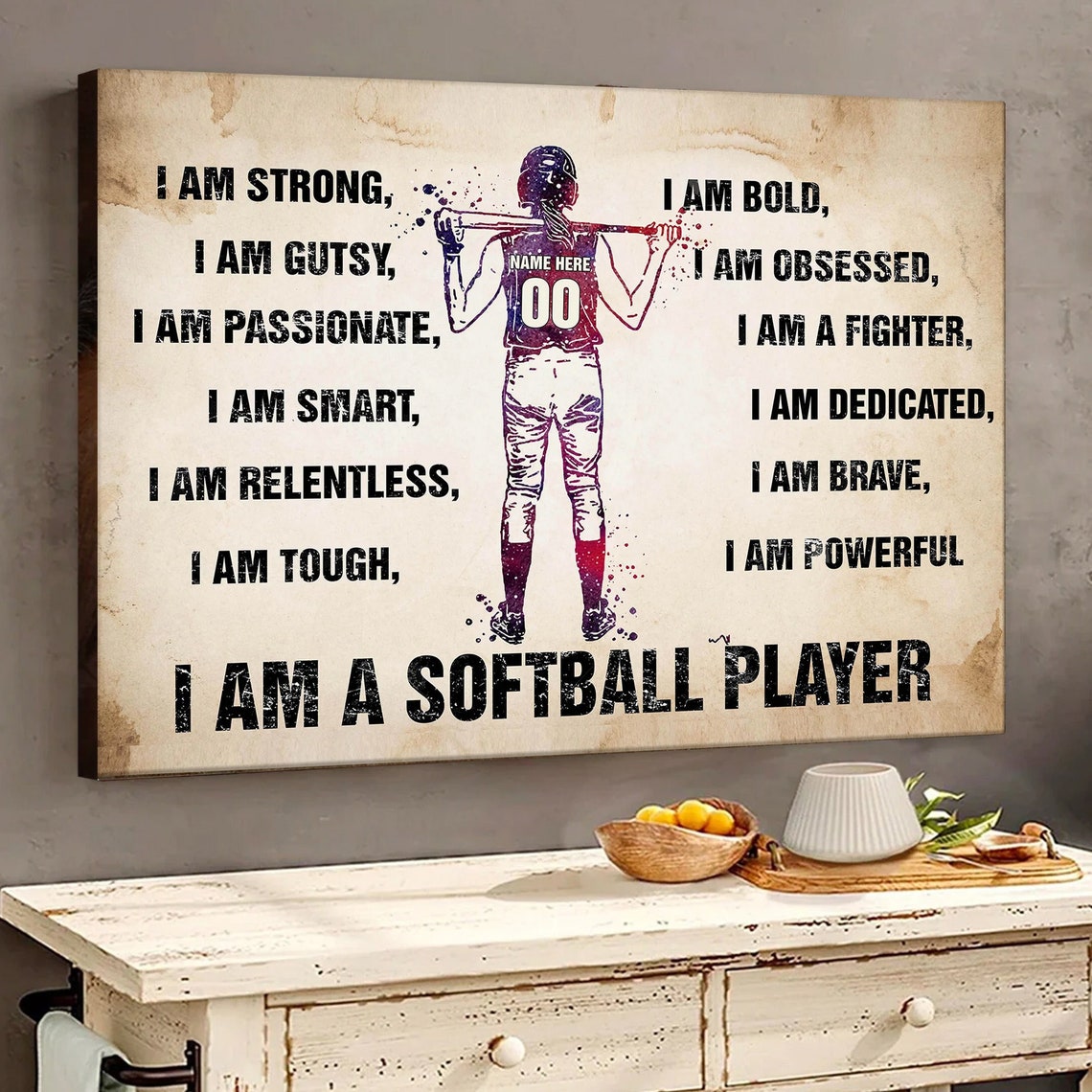 Softball Girl Watercolor I Am Strong Player Affirmation Poster