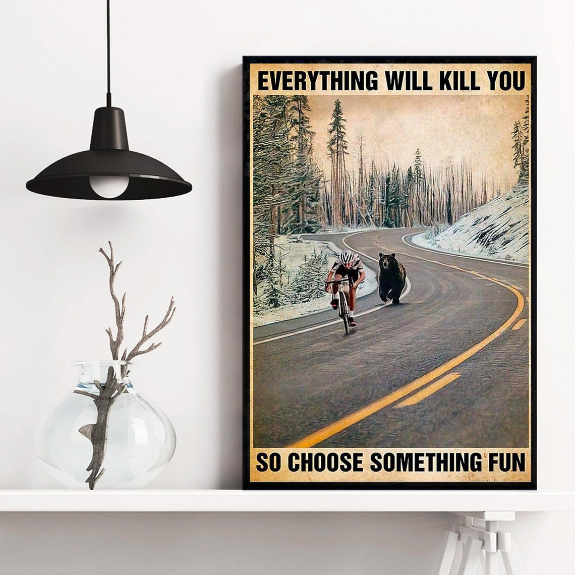 Cyclist Racing a Bear on a Mountain Road Vintage Funny Poster - Image 3