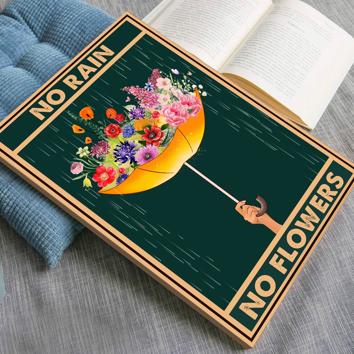 No Rain No Flowers Inspirational Floral Umbrella Quote Poster - Image 4