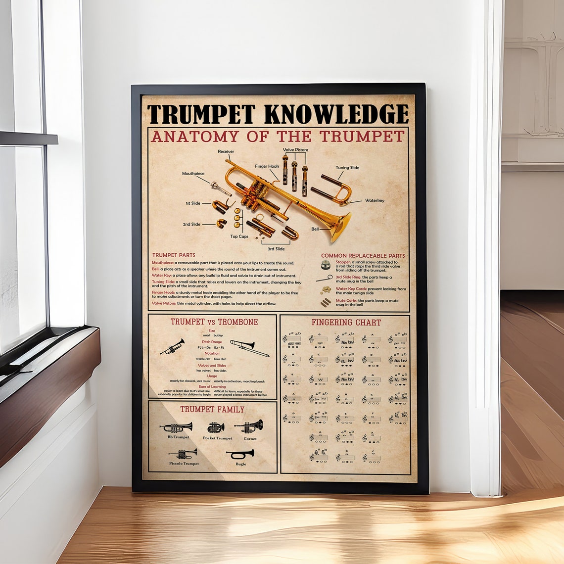 Trumpet Knowledge Anatomy and Fingering Chart Vintage Poster