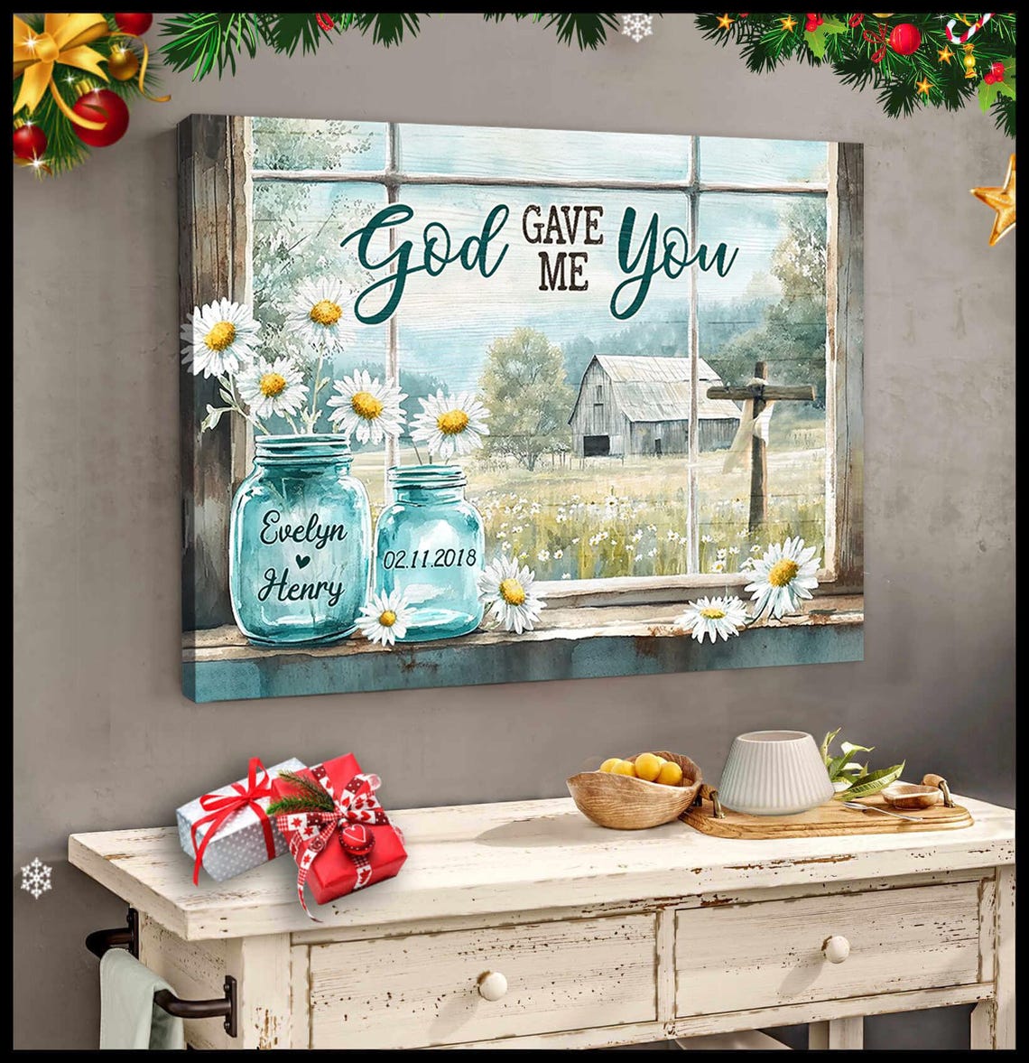 God Gave Me You Farmhouse Window Daisies Romantic Couple Poster - Image 4