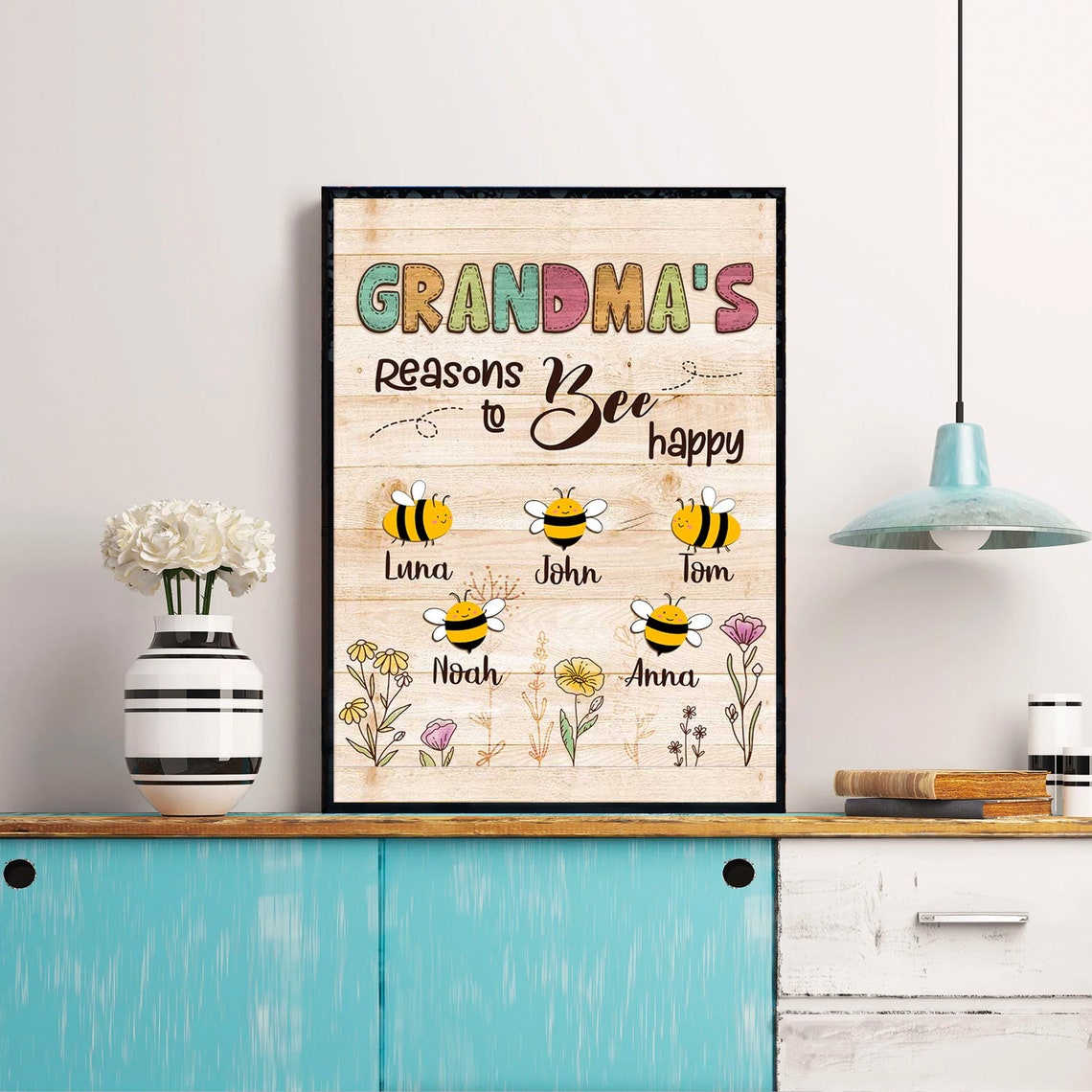 Grandma's Reasons To Bee Happy Cute Bees Family Names Poster - Image 3