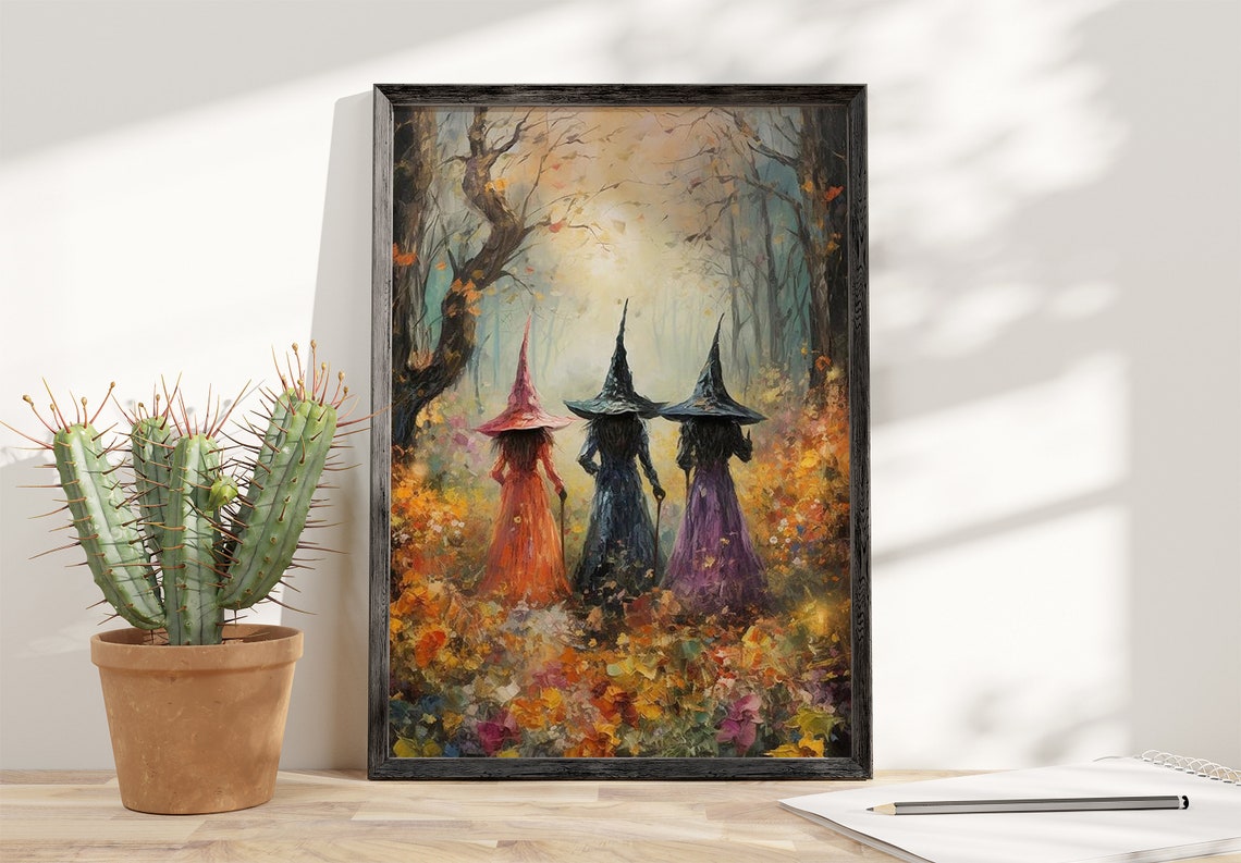 Three Witches in Colorful Maple Forest Autumn Painting Poster