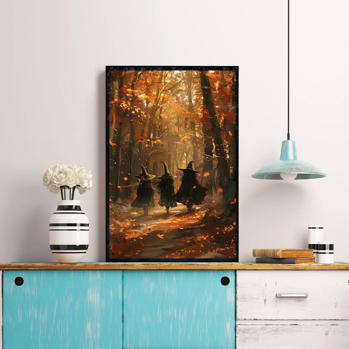 Three Witches in Colorful Maple Forest Autumn Painting Poster - Image 2