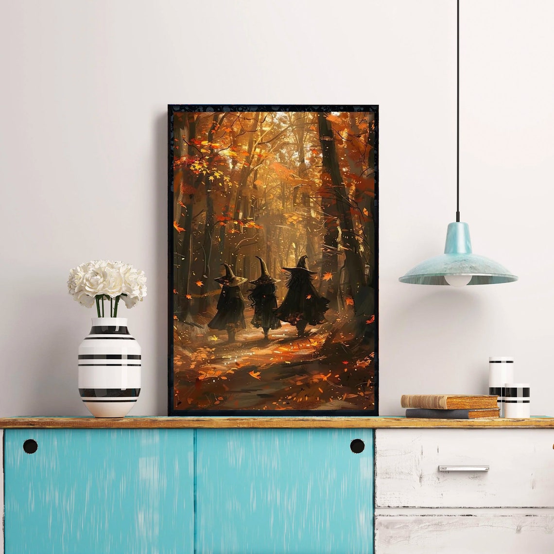 Three Witches Walking Autumn Forest Fall Halloween Art Poster - Image 4