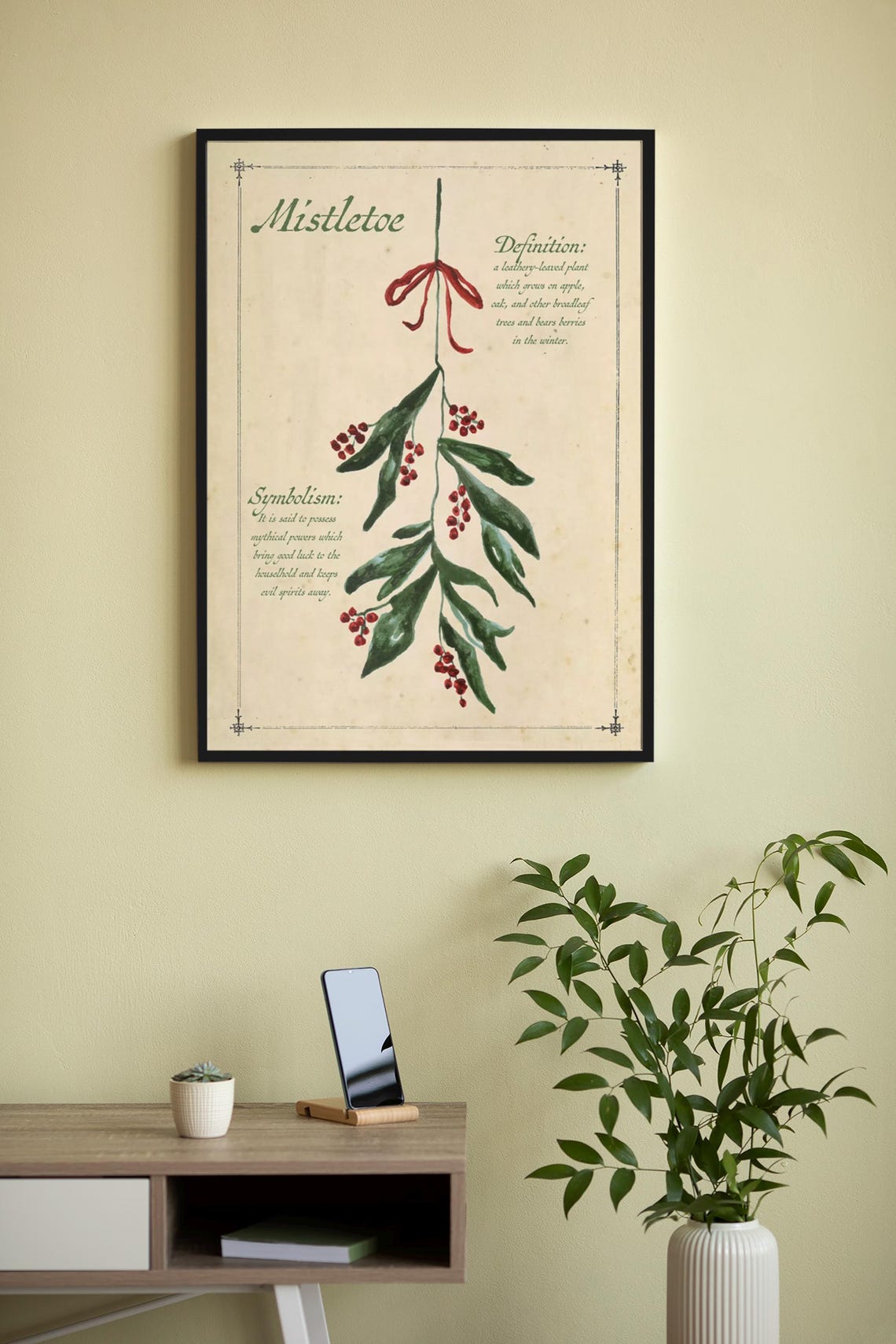 Mistletoe Botanical Definition Red Bow Vintage Christmas Plant Poster - Image 3