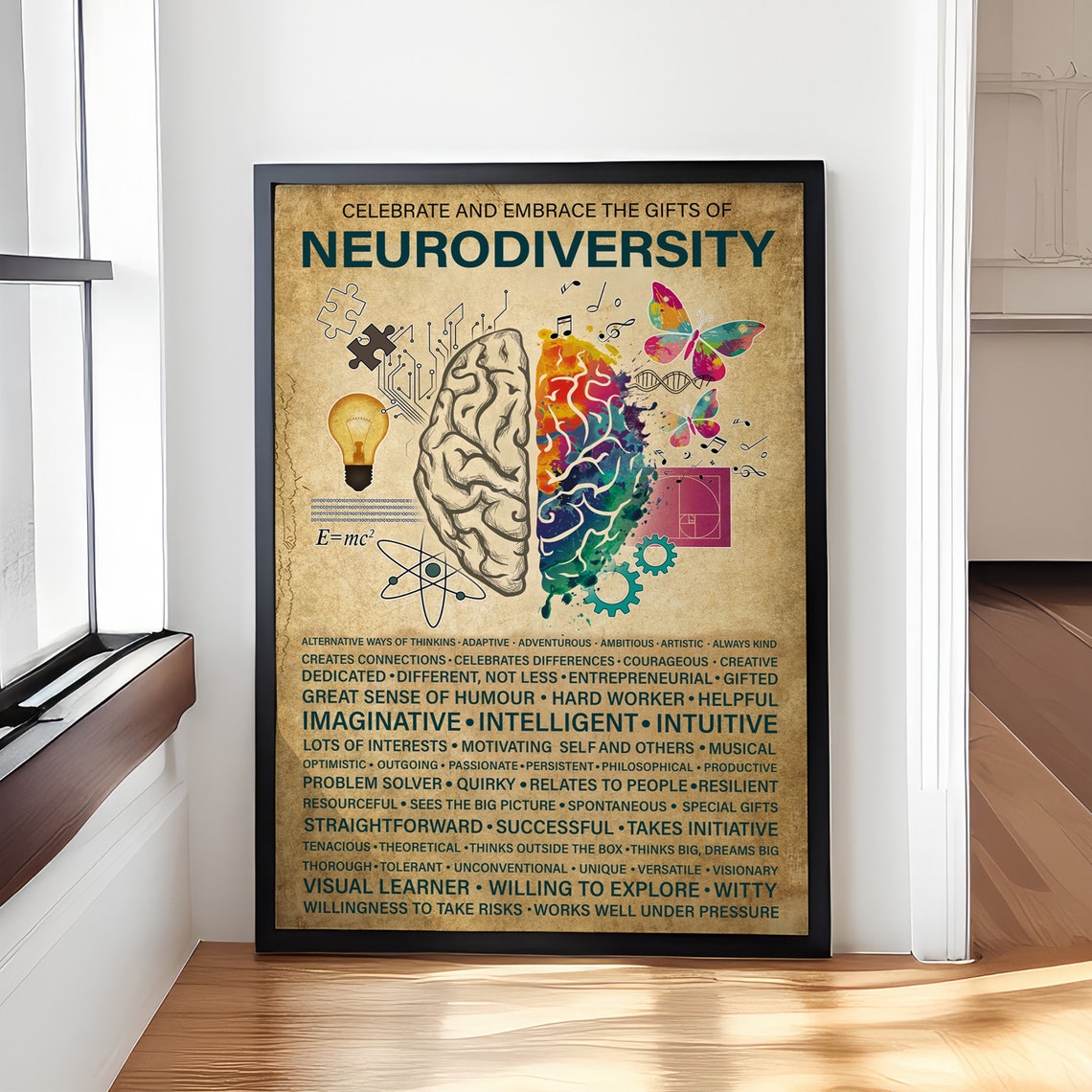 Neurodiversity Celebration Brain Illustration With Gift Traits Poster