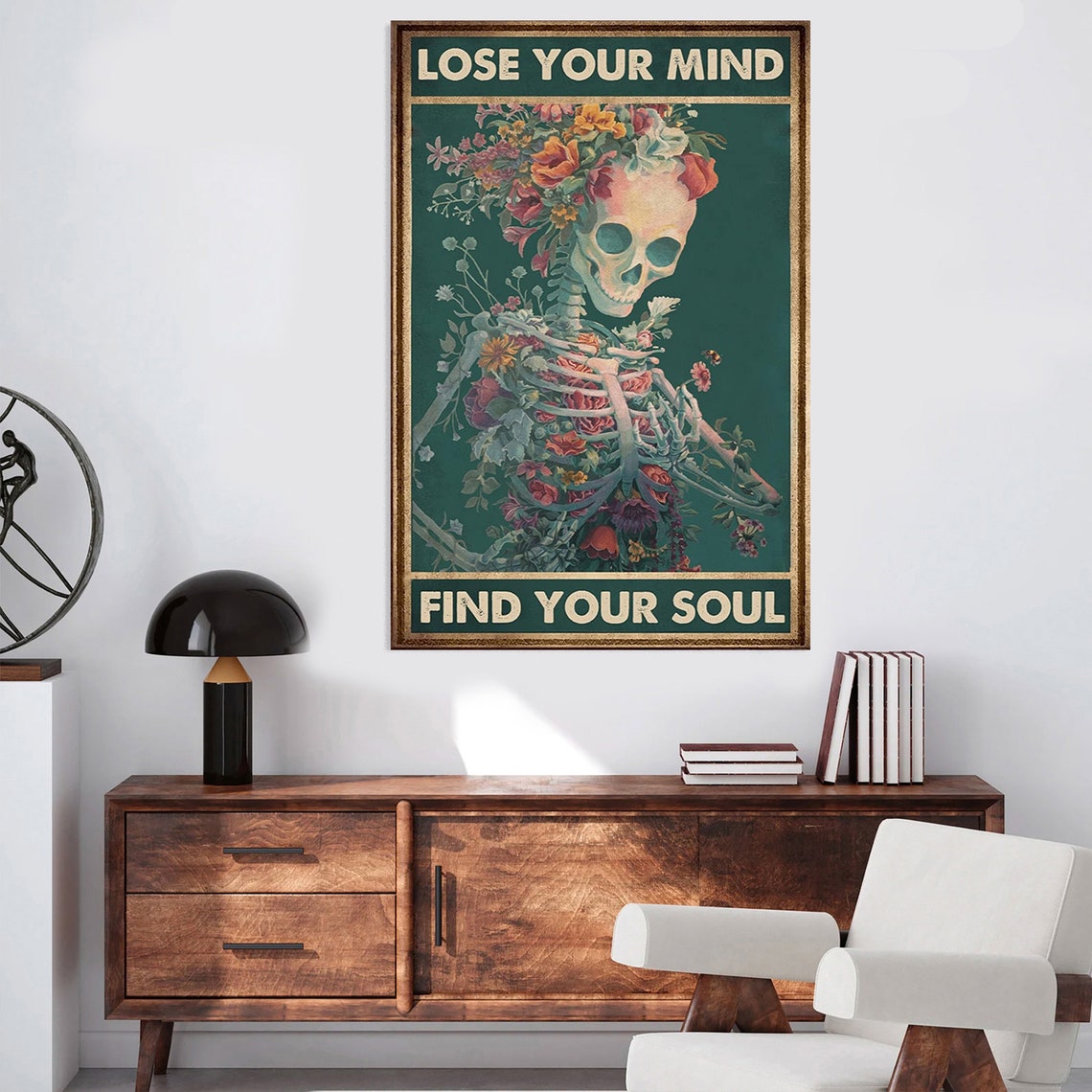 Lose Your Mind Find Your Soul Floral Skeleton Vintage Poster - Image 2