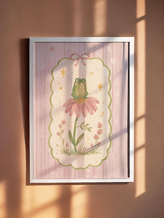 Frog On Pink Flower Watercolor Art Print Cottagecore Botanical Illustration